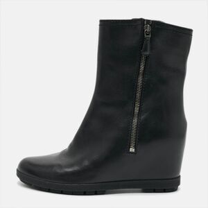 Prada Size 38 Black Leather Wedge Ankle Length Boots